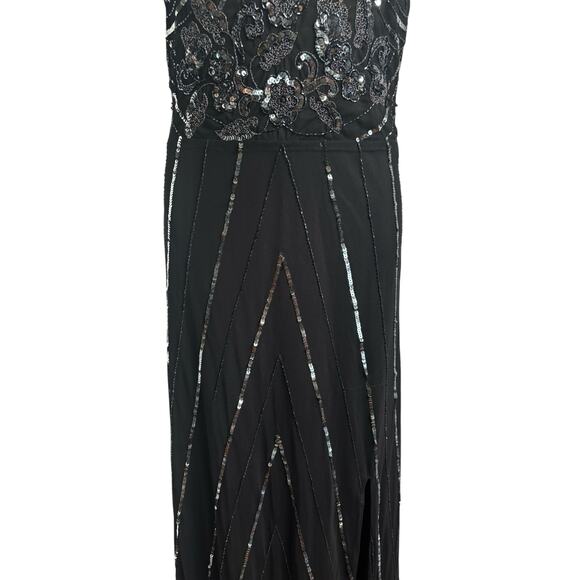 Black Sequin Illusion Sheer Maxi Dress Size Large Glam Great Gatsby Art Deco NYE - Picture 4 of 11